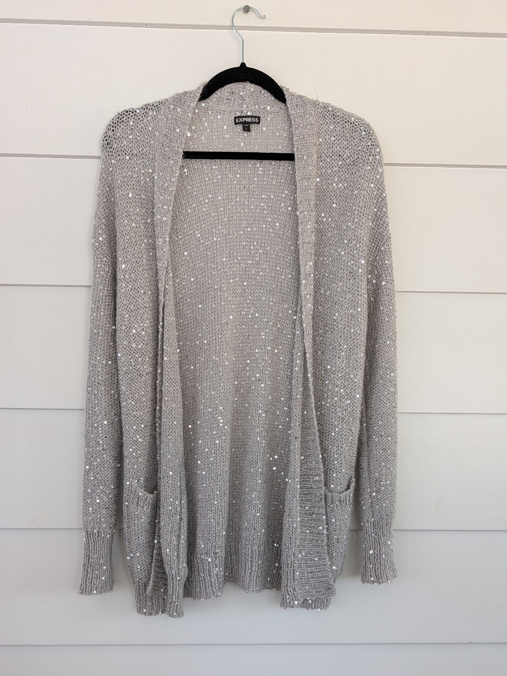 Express Silver Sequin Open-Front Cardigan, L